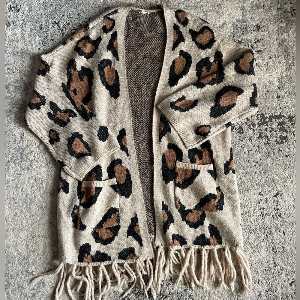 JODIFL Leopard Angora Blend Cardigan Fringe Detail Large Open Front